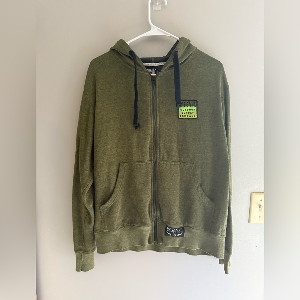 Weevil Outdoor Fleece Full Zip Hooded Jacket Men’s SZ M Green Pockets Drawstring
